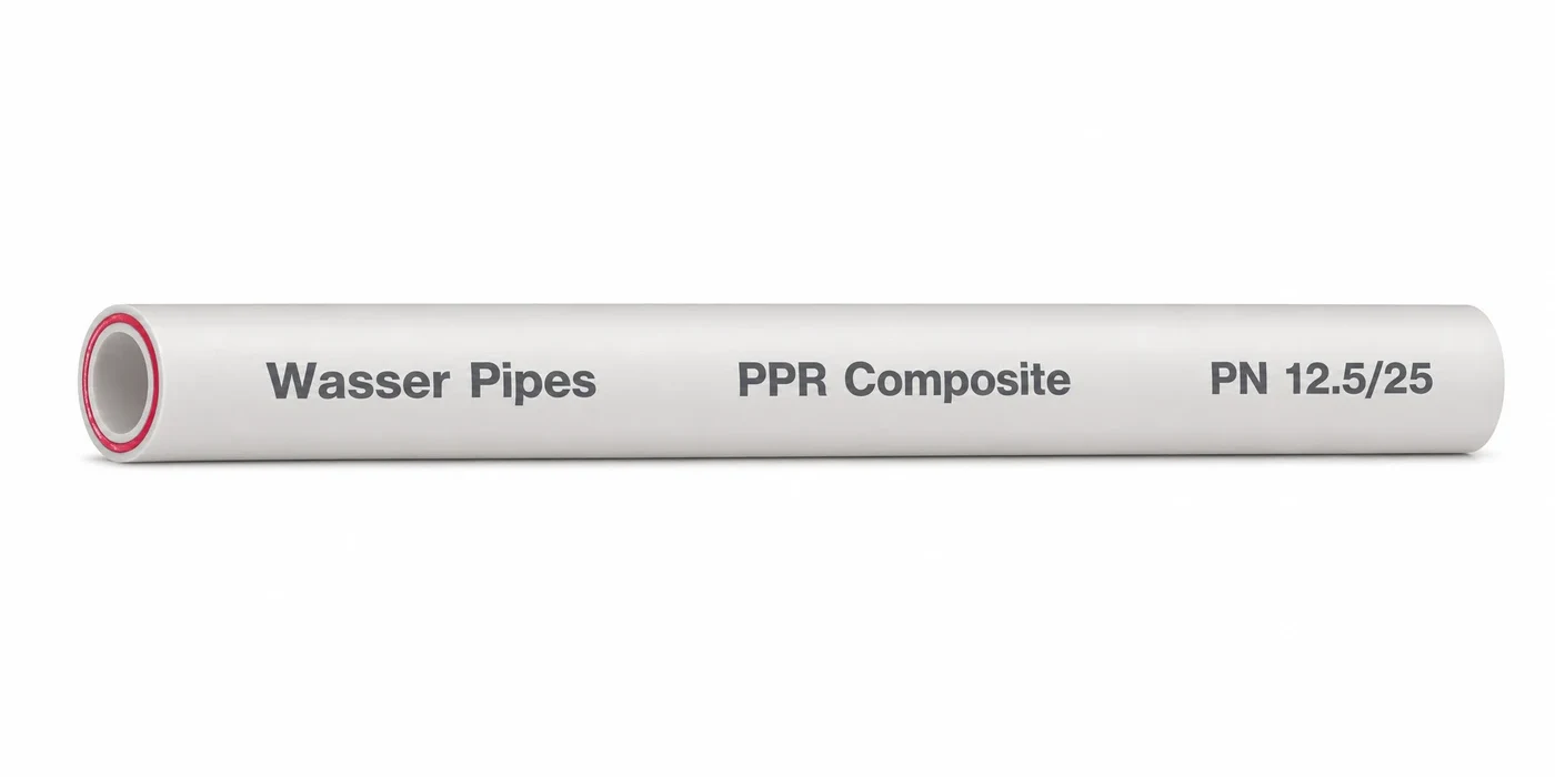 A length of white Wasser PP-R Composite pipe printed "Wasser Pipes PPR Composite PN 12.5/25", with its maroon composite layer visible at the cut end
