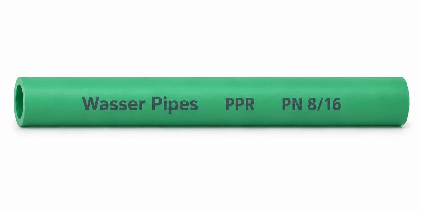 A length of green Wasser PP-R pipe printed "Wasser Pipes PPR PN 8/16"