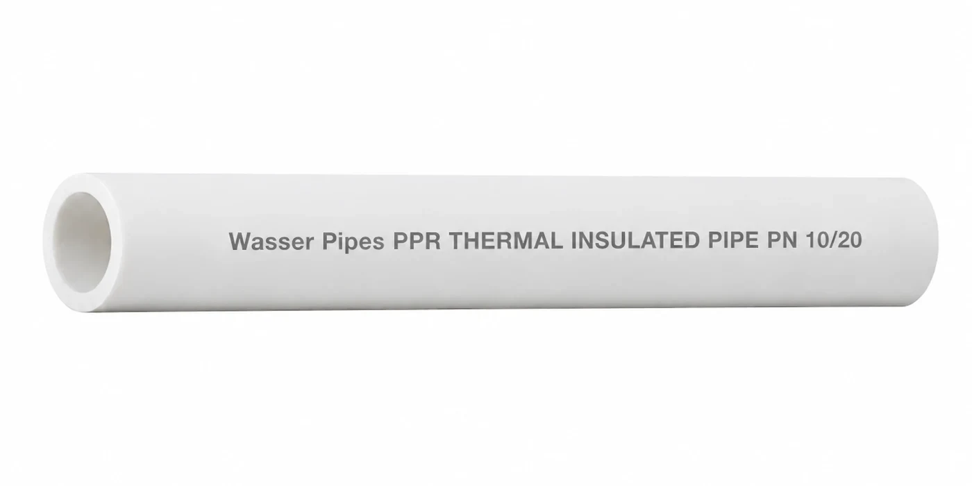 Wasser Pipes PP-R Thermal Insulated pipe in white, printed "Wasser Pipes PPR THERMAL INSULATED PIPE PN 10/20", lying flat on white