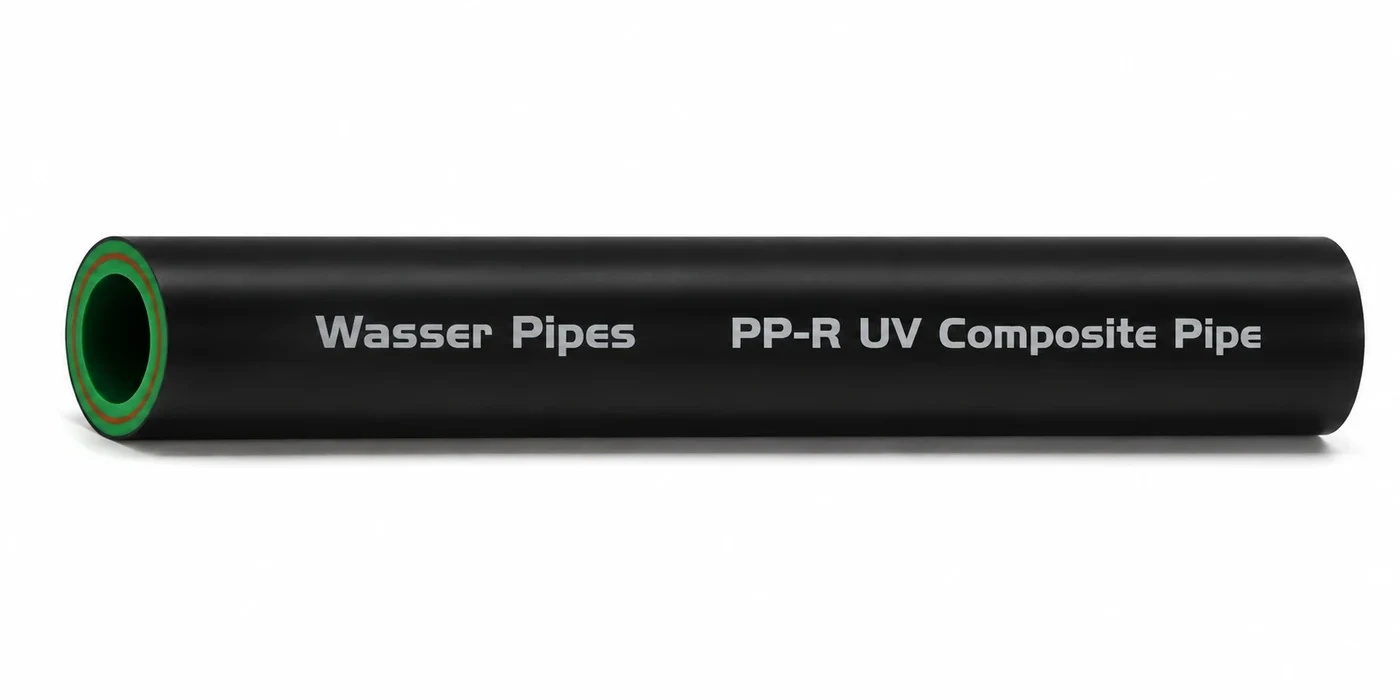 A length of black Wasser PP-R UV Composite pipe printed "Wasser Pipes PP-R UV Composite Pipe", with its maroon composite layer and green inner layer visible at the cut end