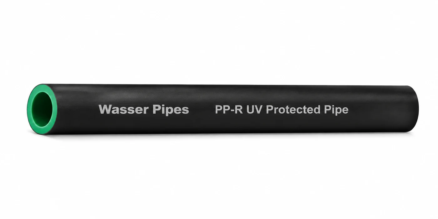 A length of black Wasser PP-R UV Protected pipe printed "Wasser Pipes PP-R UV Protected Pipe", with its green inner layer visible at the cut end