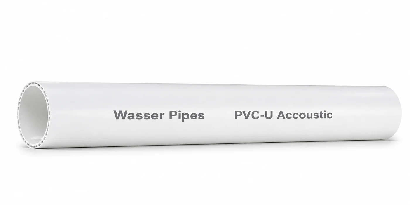 A length of white Wasser PVC-U Acoustic pipe printed "Wasser Pipes PVC-U Accoustic"