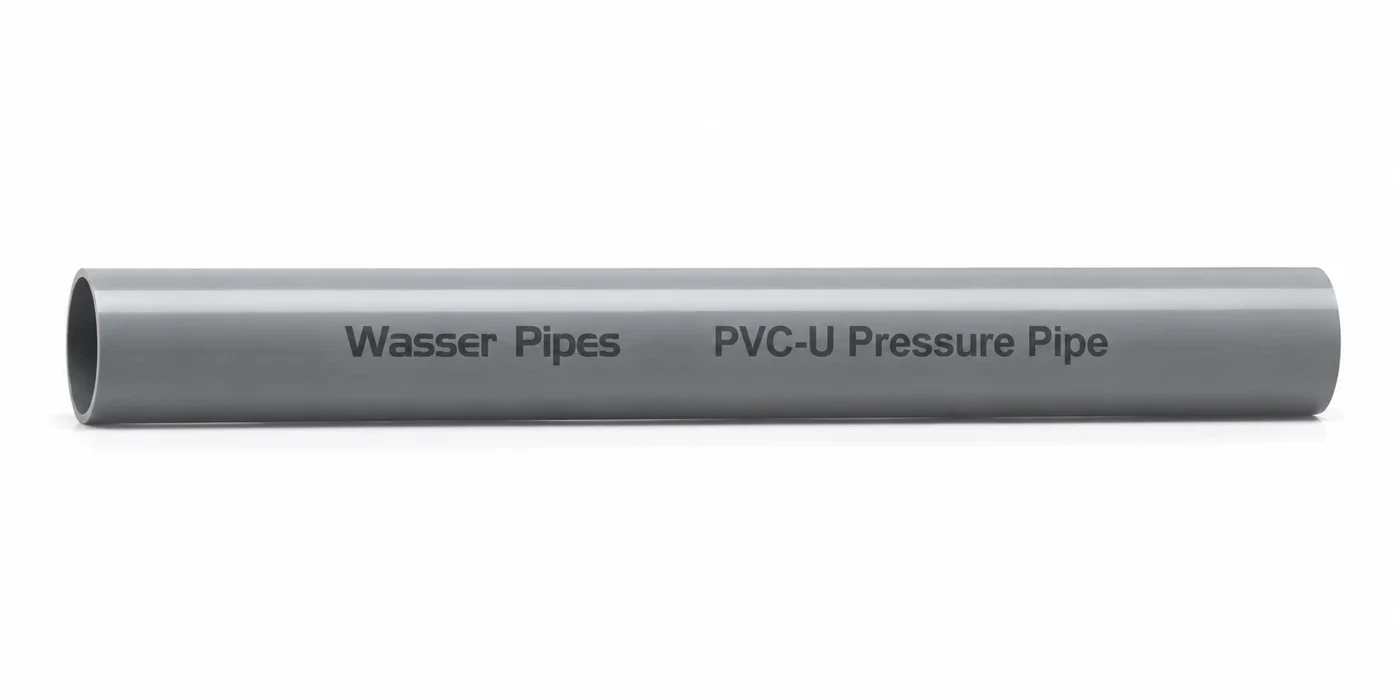A length of grey Wasser PVC-U Pressure pipe printed "Wasser Pipes PVC-U Pressure Pipe"