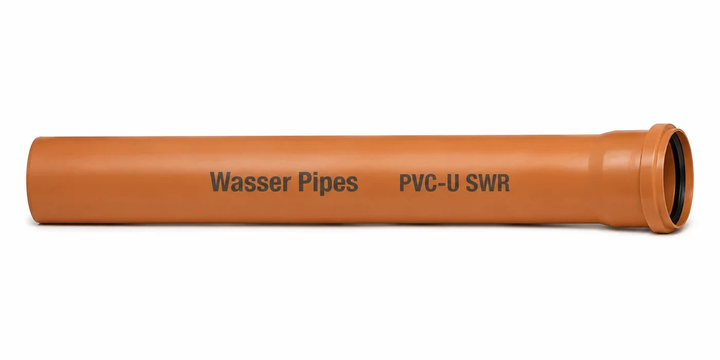 A length of golden brown Wasser PVC-U SWR drainage pipe with a socketed end, printed "Wasser Pipes PVC-U SWR"