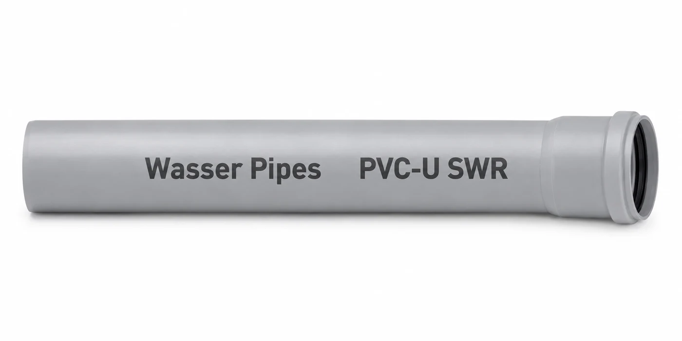 A length of grey Wasser PVC-U SWR drainage pipe with a socketed end, printed "Wasser Pipes PVC-U SWR"