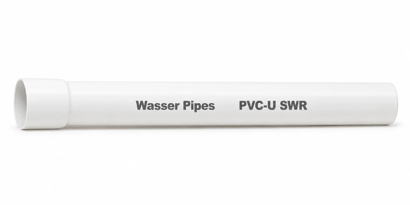 A length of white Wasser PVC-U SWR drainage pipe with a socketed end, printed "Wasser Pipes PVC-U SWR"