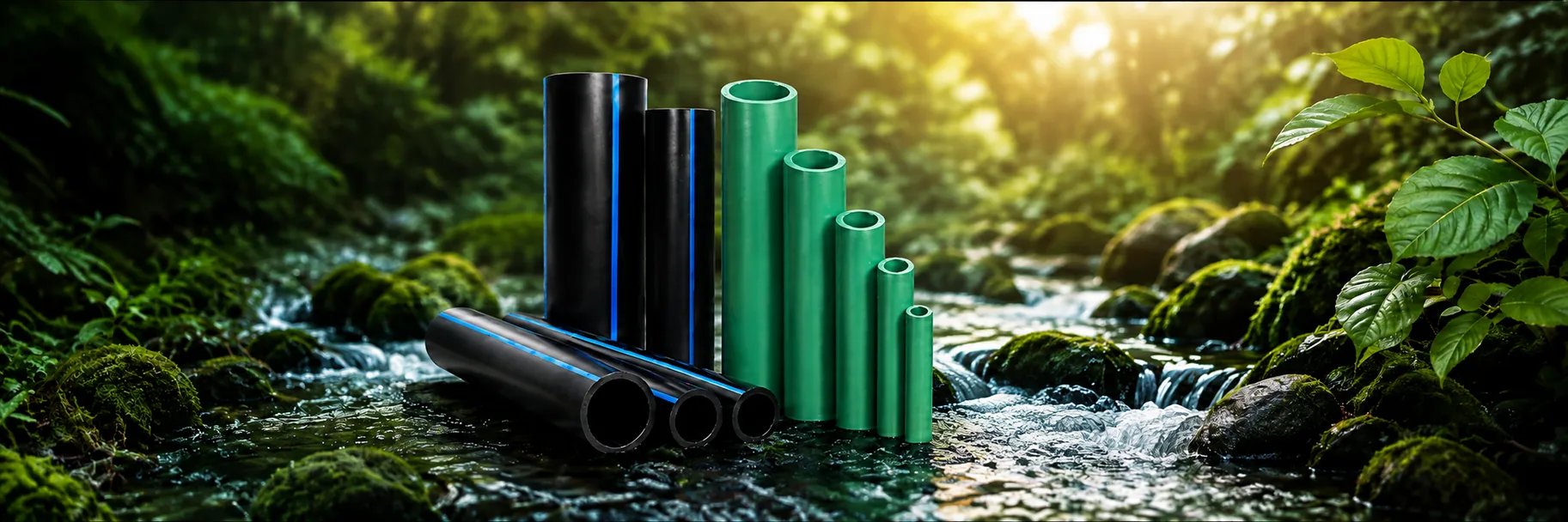Wasser HDPE and PP-R pipes and fittings arranged against a clean studio backdrop