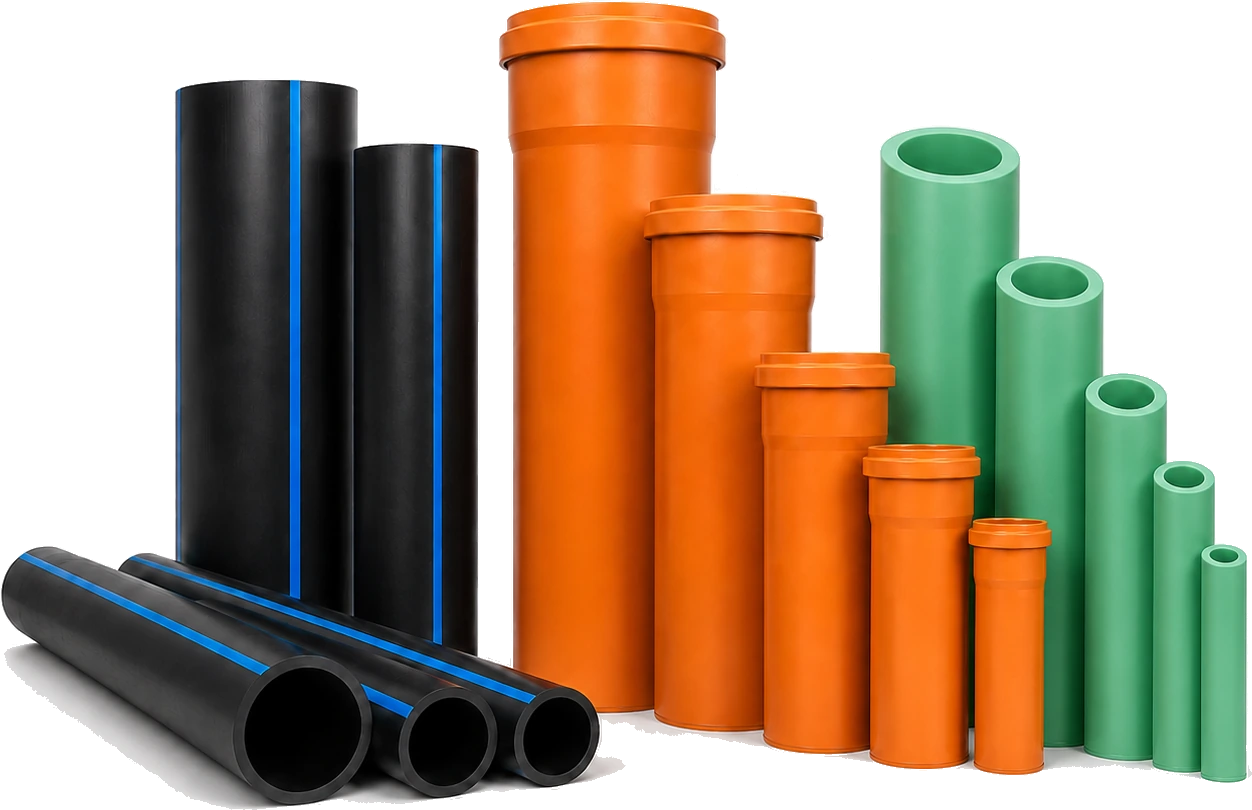 The Wasser Pipes range shown together: black HDPE pipes with blue stripes, golden brown PVC-U SWR drainage pipes with sockets, and green PP-R pipes, in a spread of sizes